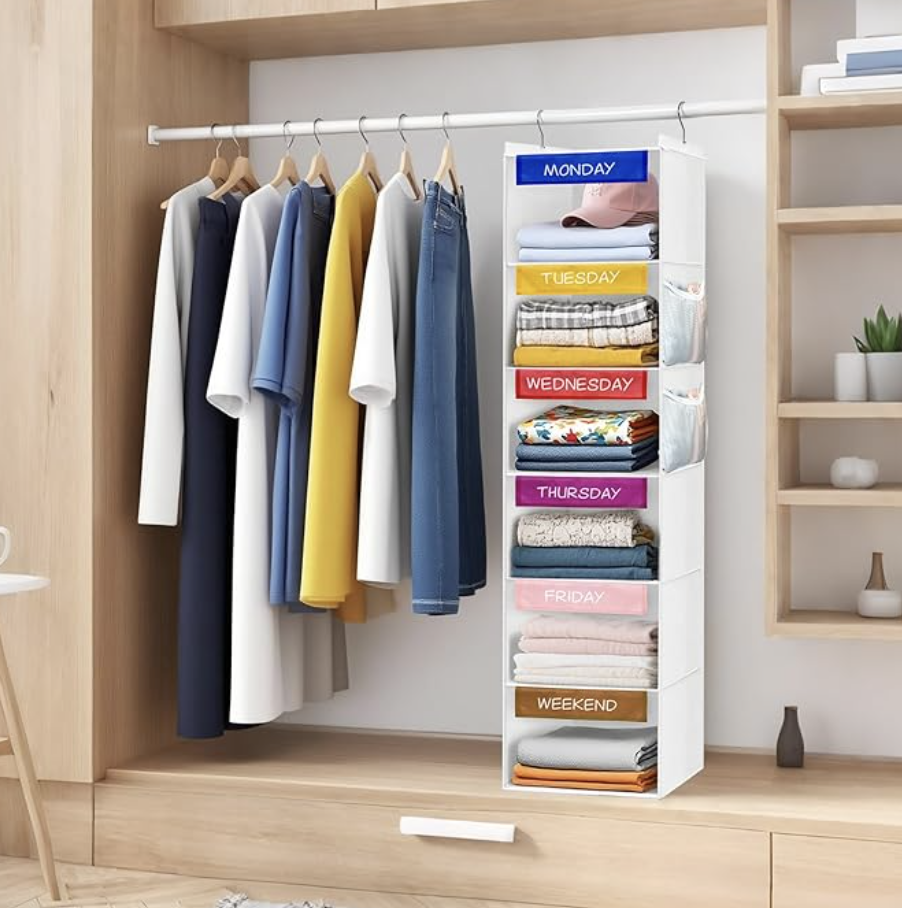 Organized closet with colorful clothing and weekly hanging storage compartments.