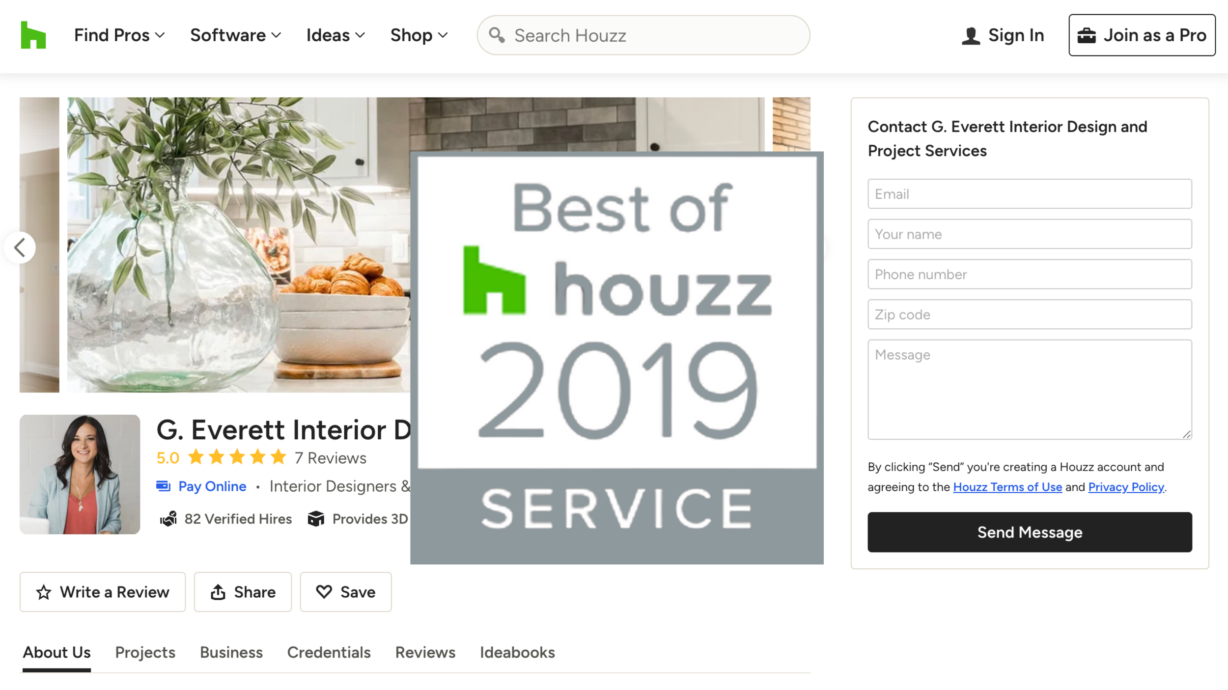 A screenshot of a webpage from Houzz featuring a contact form on the right side and a large sign in the center with the text "Best of Houzz 2019 Service." The webpage includes images of interior home decor, a profile photo of a woman, and navigation links at the top.