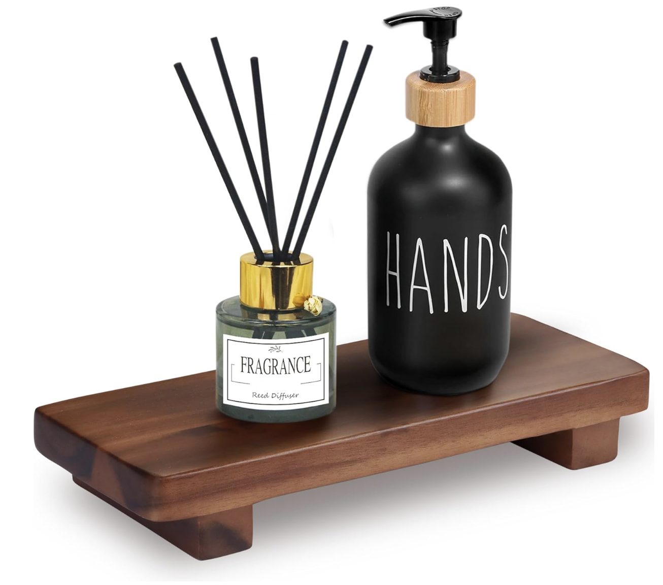 Wood bathroom shelf styled with black hand soap dispenser and glass reed diffuser.