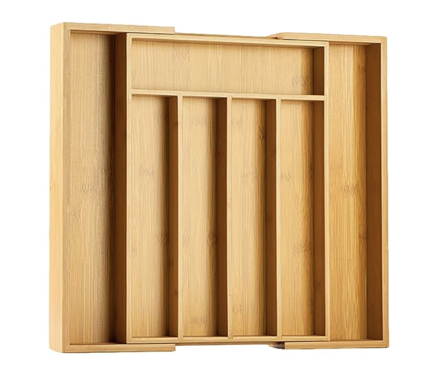 Natural wood compartment organizer for kitchen utensils, home storage and organization.