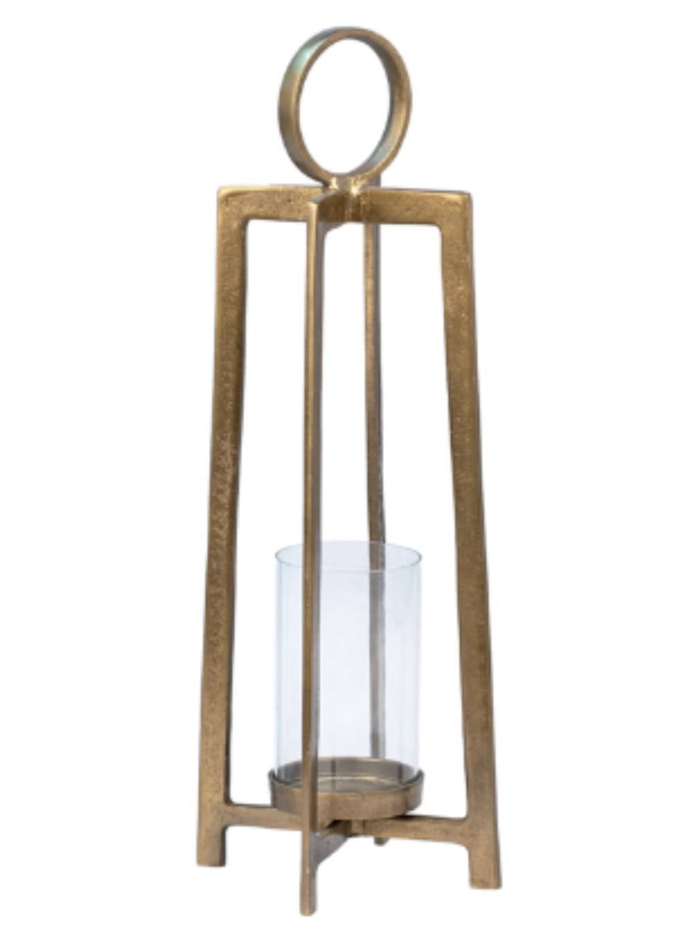 Tall metal candle lantern with a ring handle and glass insert.