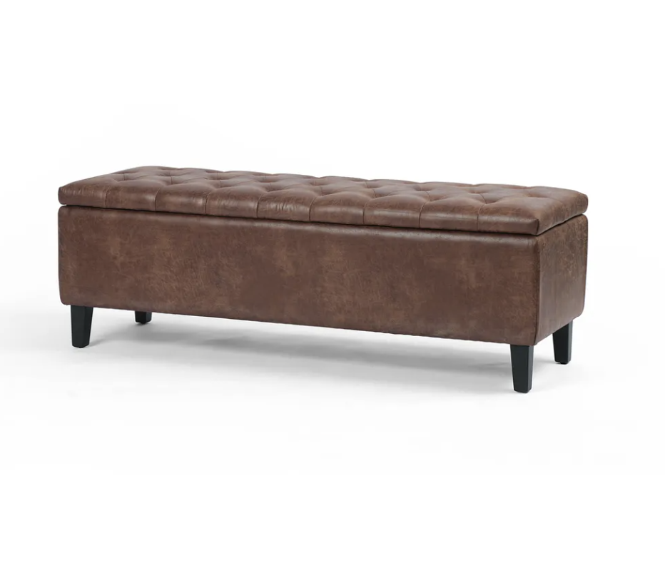 Brown leather tufted bench with black wood legs for entryway or living room seating.