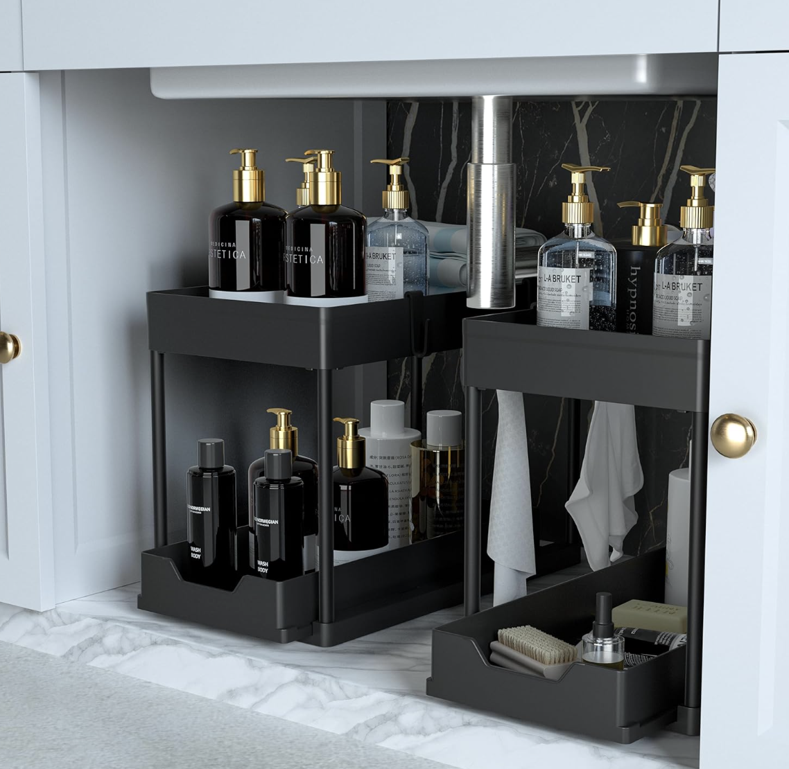 Organized bathroom vanity storage with skincare, body care and personal care products.