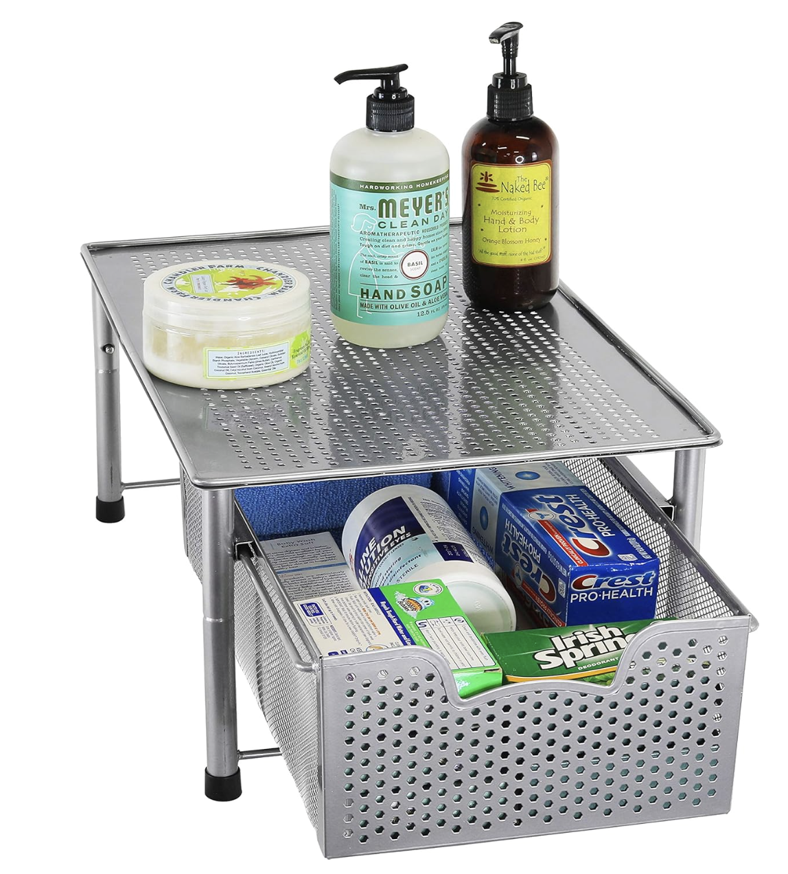 Metal storage cart with health and personal care products including hand soap, hand and body lotion, deodorant, toothpaste, mouthwash, and cream.