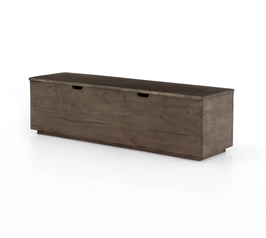 Natural wood storage bench with clean lines and built-in handles for home organization.