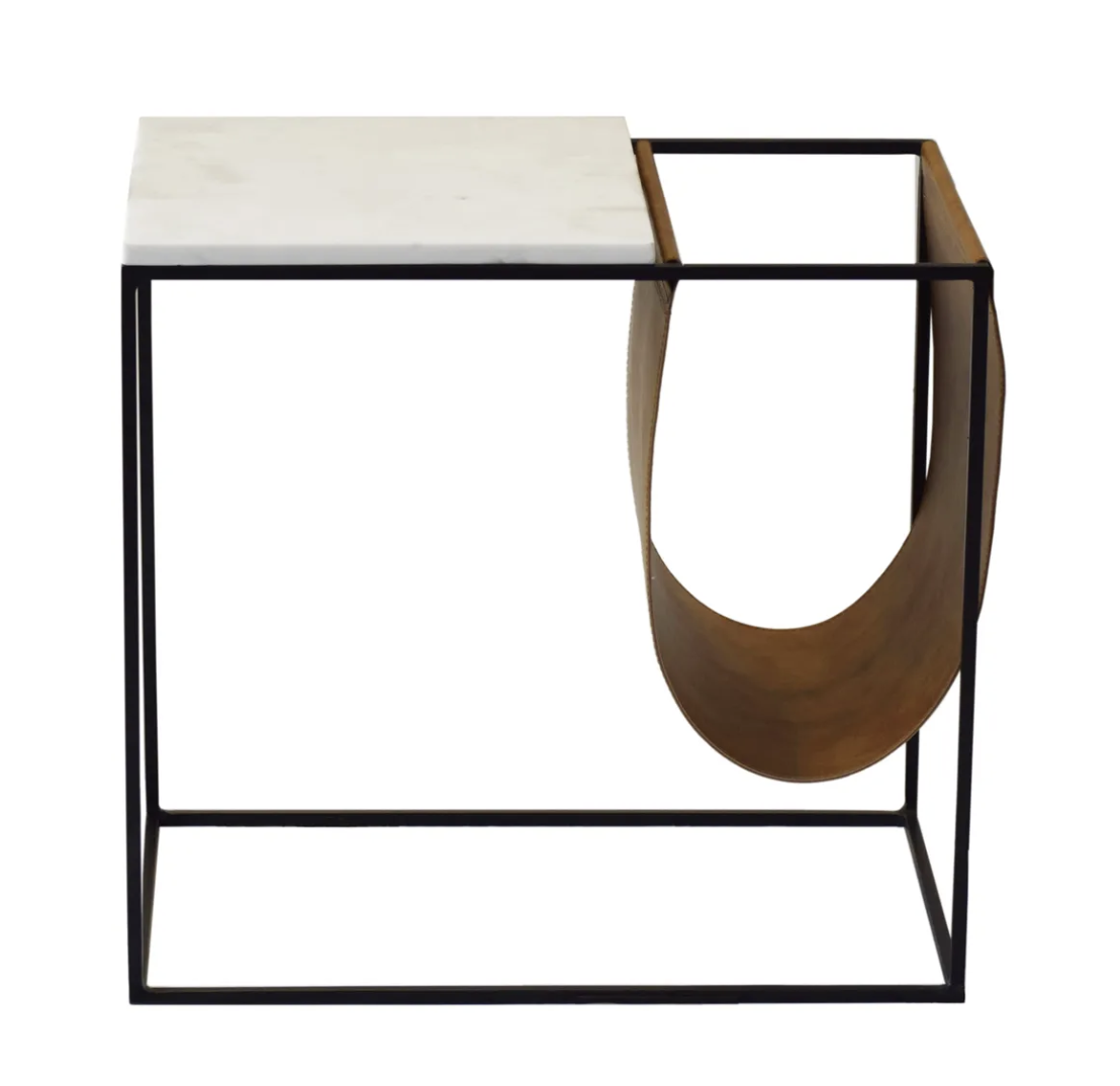 Modern console table with white marble top, black metal frame and curved wood accent.