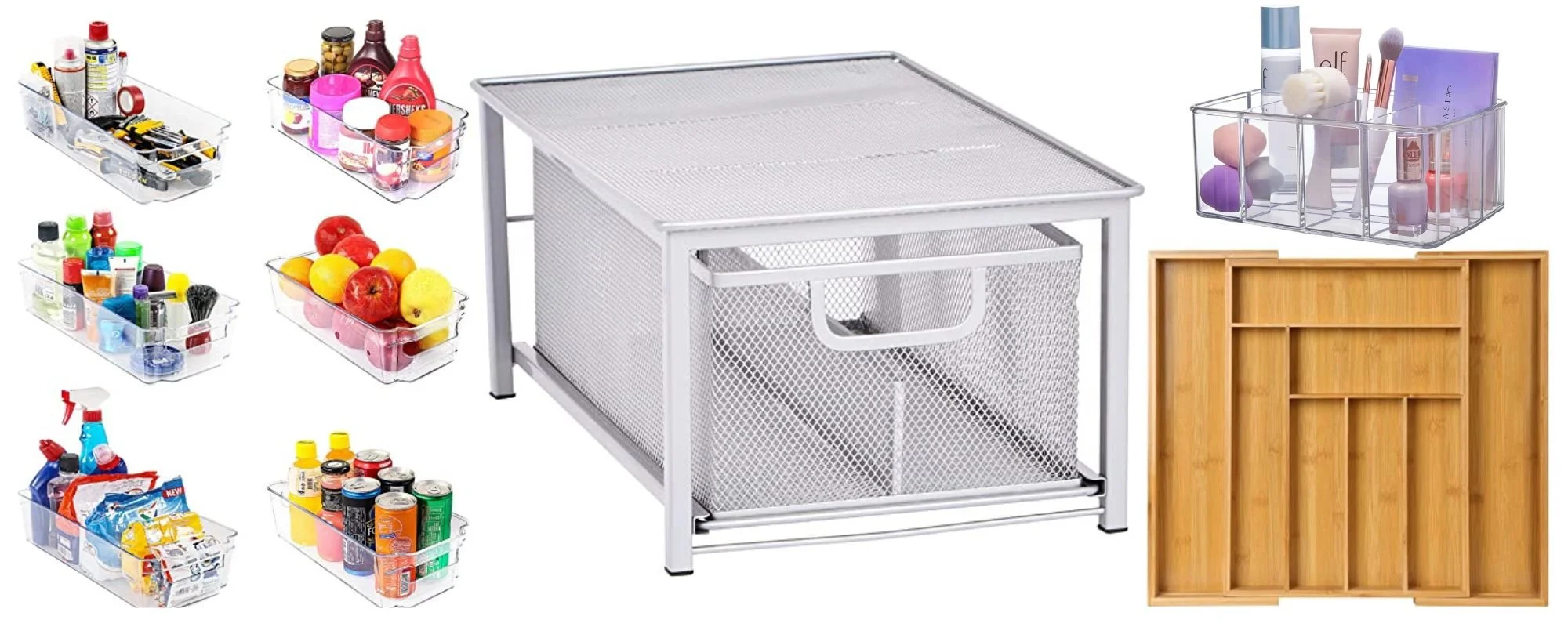 A collection of various kitchen and vanity storage organizers, including bins, a mesh drawer unit, and a wooden tray.