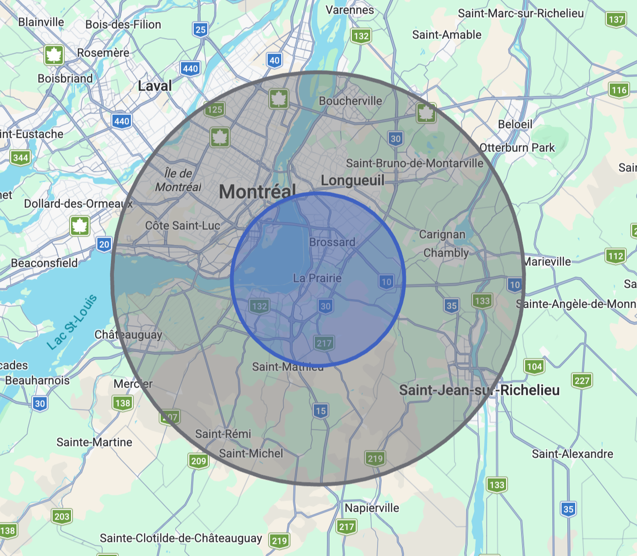 Carte de Montréal avec deux cercles superposés indiquant différentes zones géographiques autour de la ville.