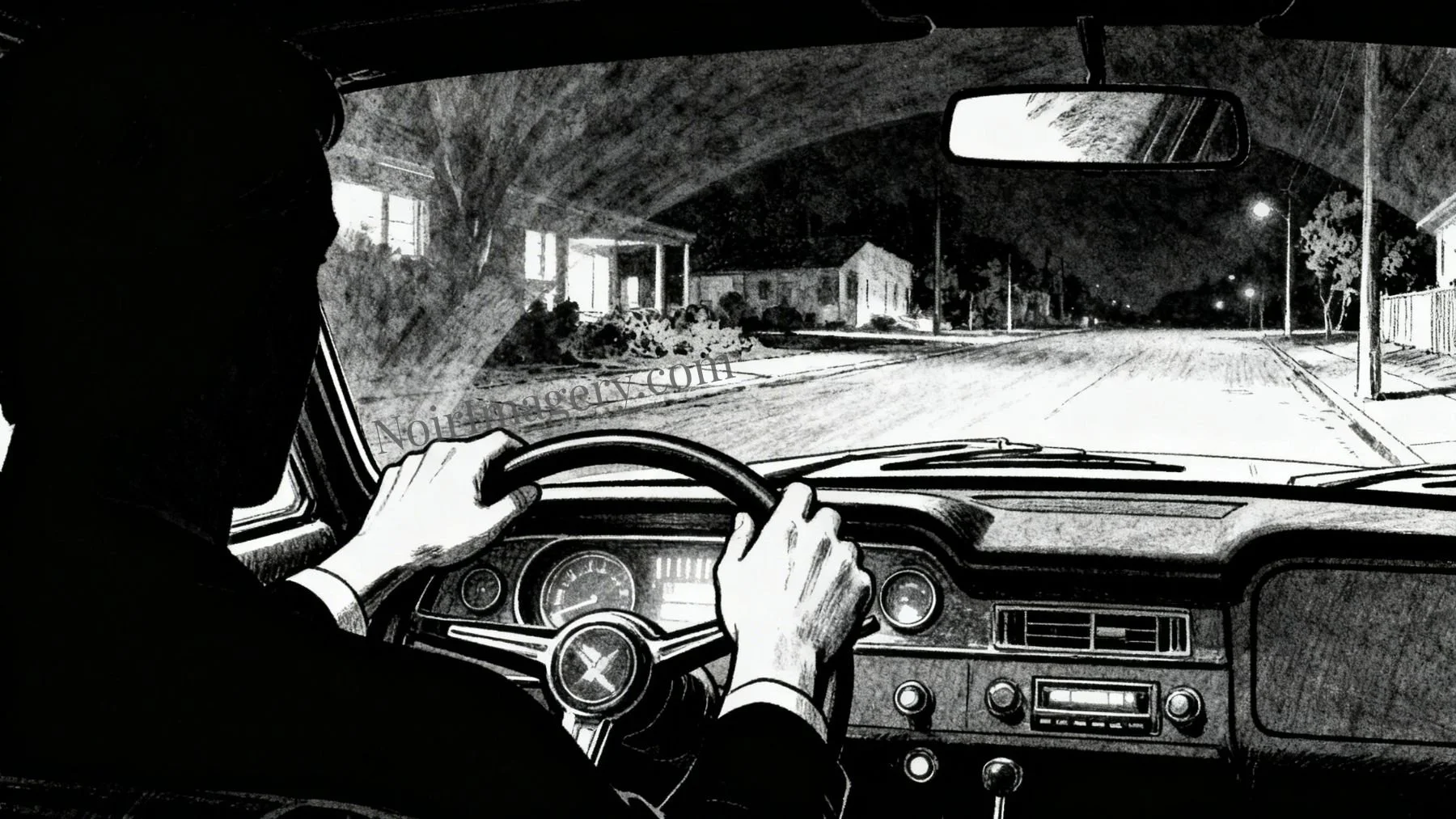 Silhouette of man with hands on steering wheel driving down a residential road.