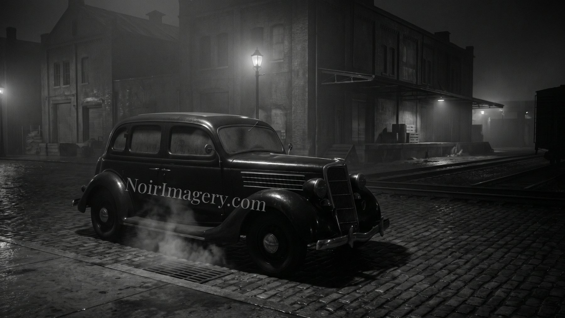 Vintage black sedan parked beside a brick warehouse and railroad tracks at night with wet cobblestones, steam, and industrial lighting in a noir setting.