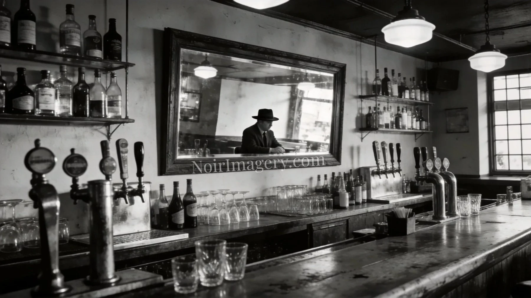 A man sits alone at a bar, seen through a large wall mirror above rows of bottles and glassware.