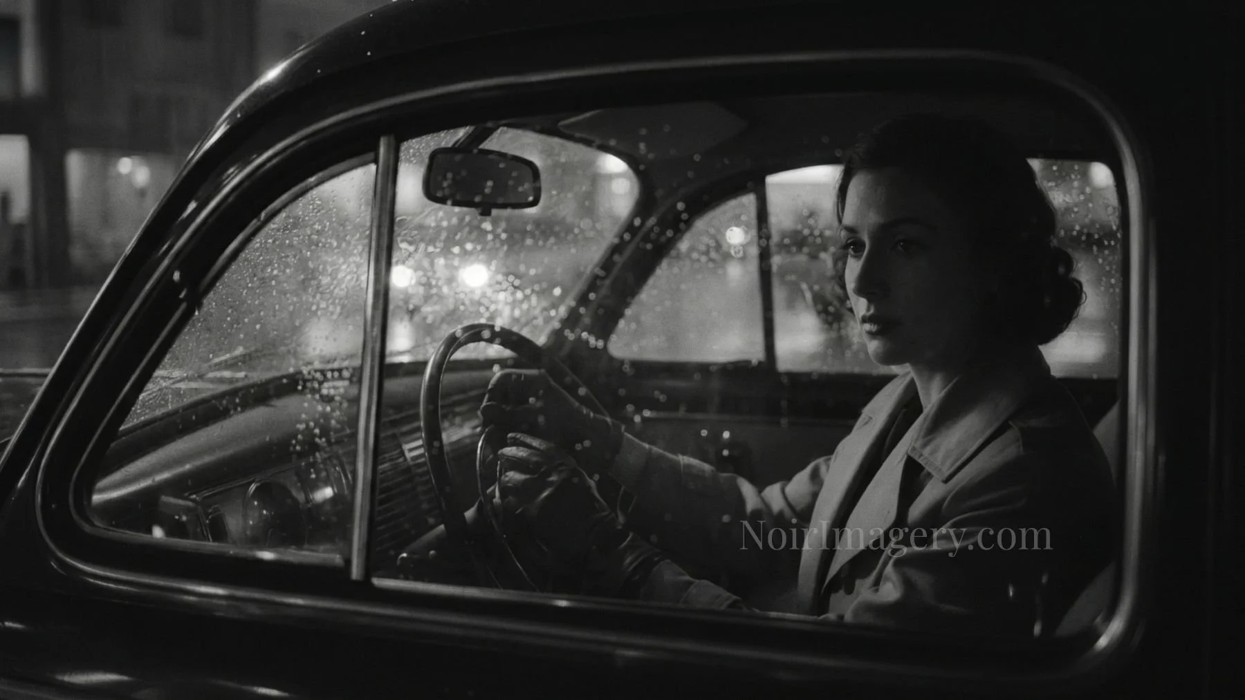 Atmospheric noir image of a woman alone in a rain-soaked vintage car at night illuminated by reflections and shadowy city lights.