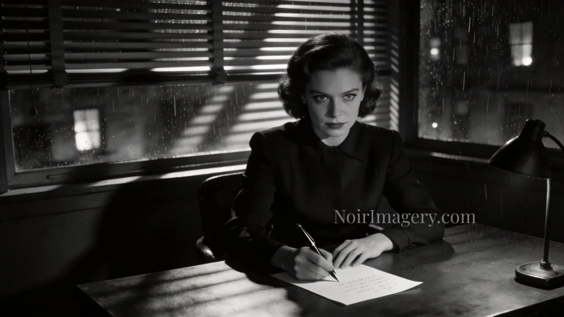 Woman in a dark office writing a handwritten letter at a desk in a black and white noir scene.