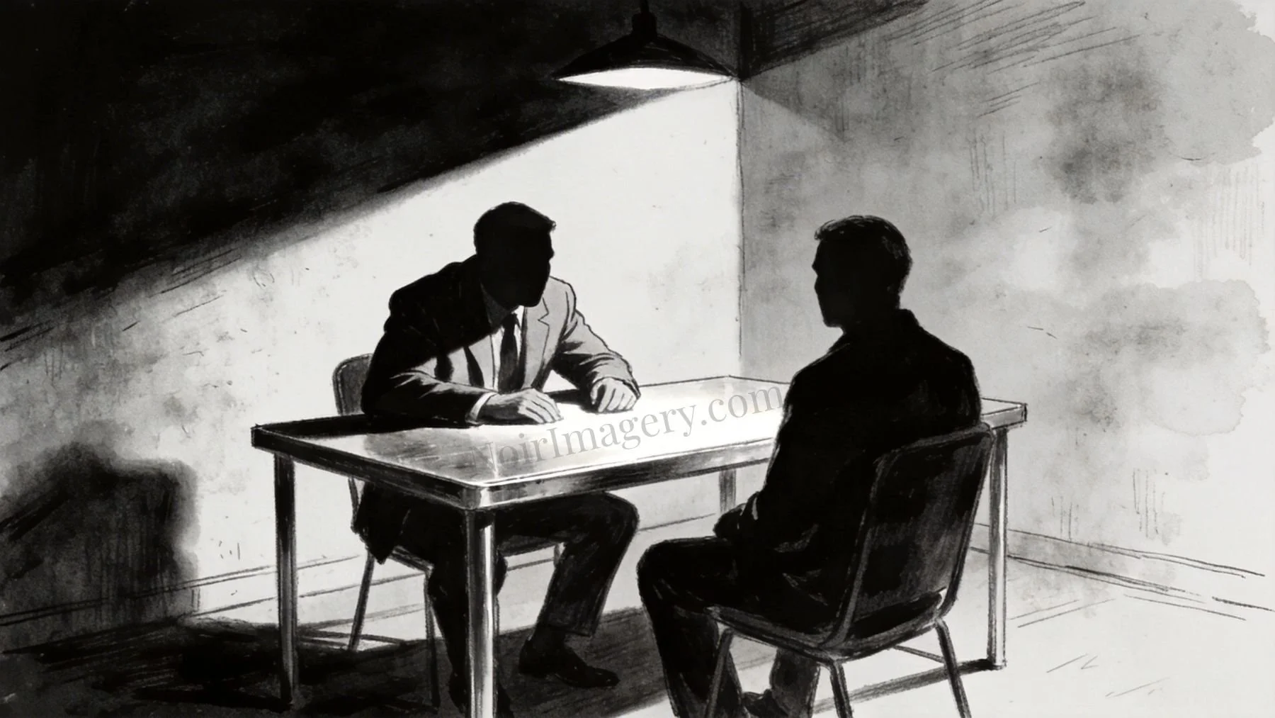 Two men seated across a table in a dim interrogation room in a noir style