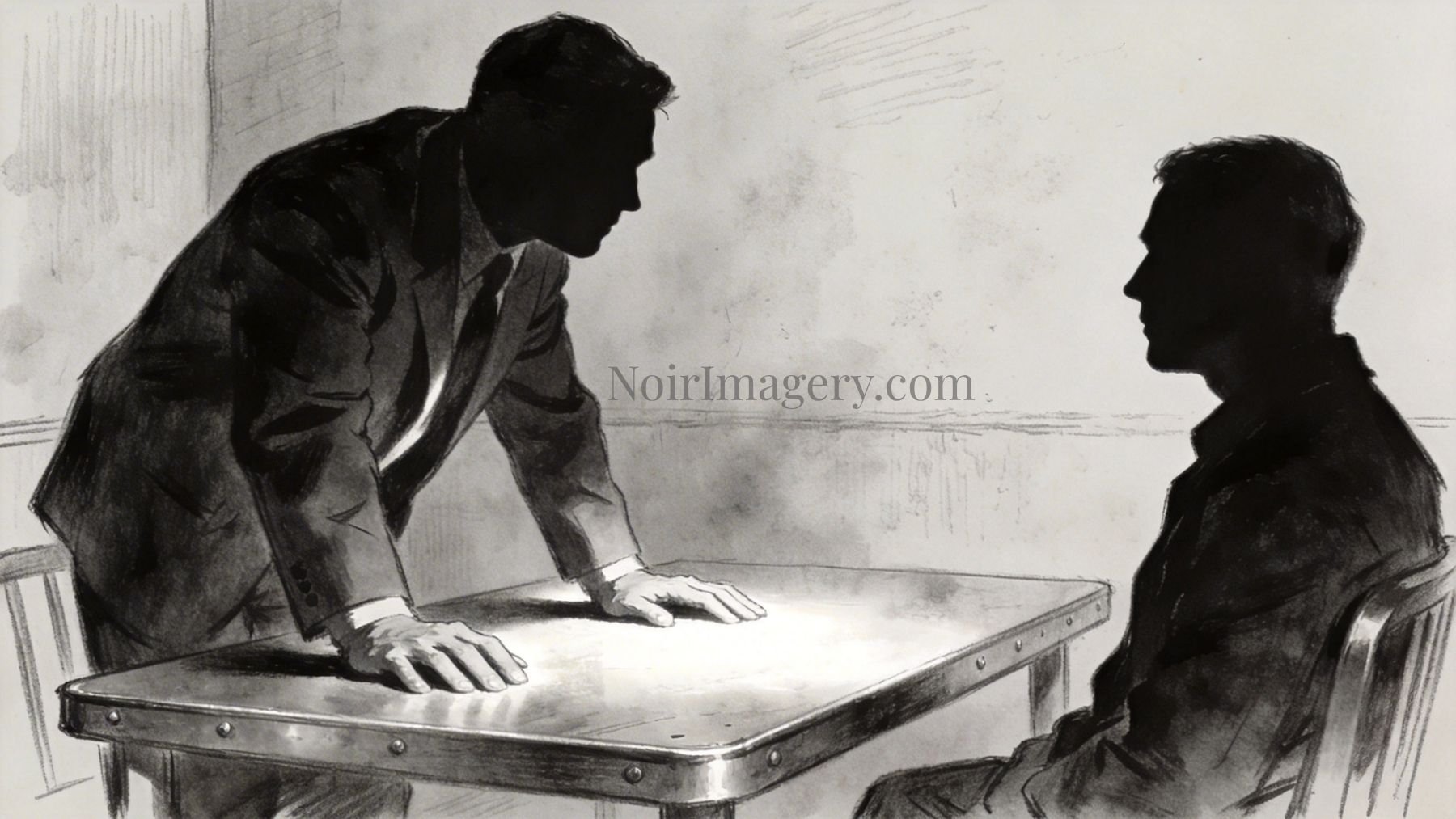 Noir interrogation scene with one man leaning over a table confronting another