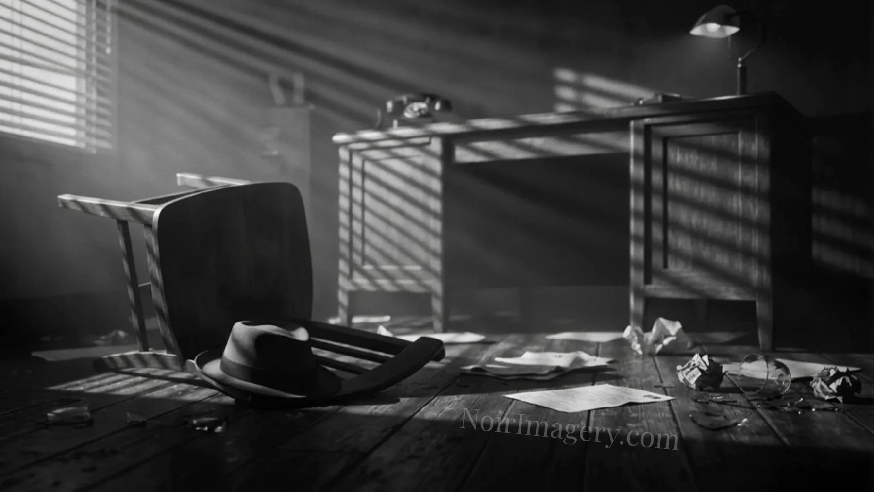 Low-angle view of a noir office floor with a fallen chair, scattered papers, and dramatic shadow lighting
