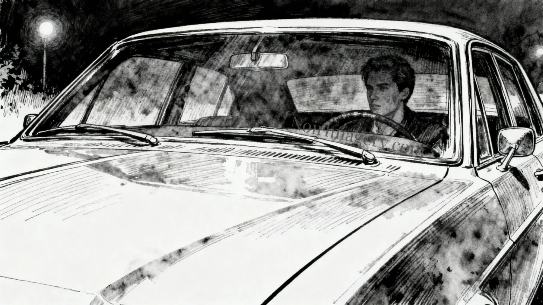 Car parked with man at wheel, patiently watching.