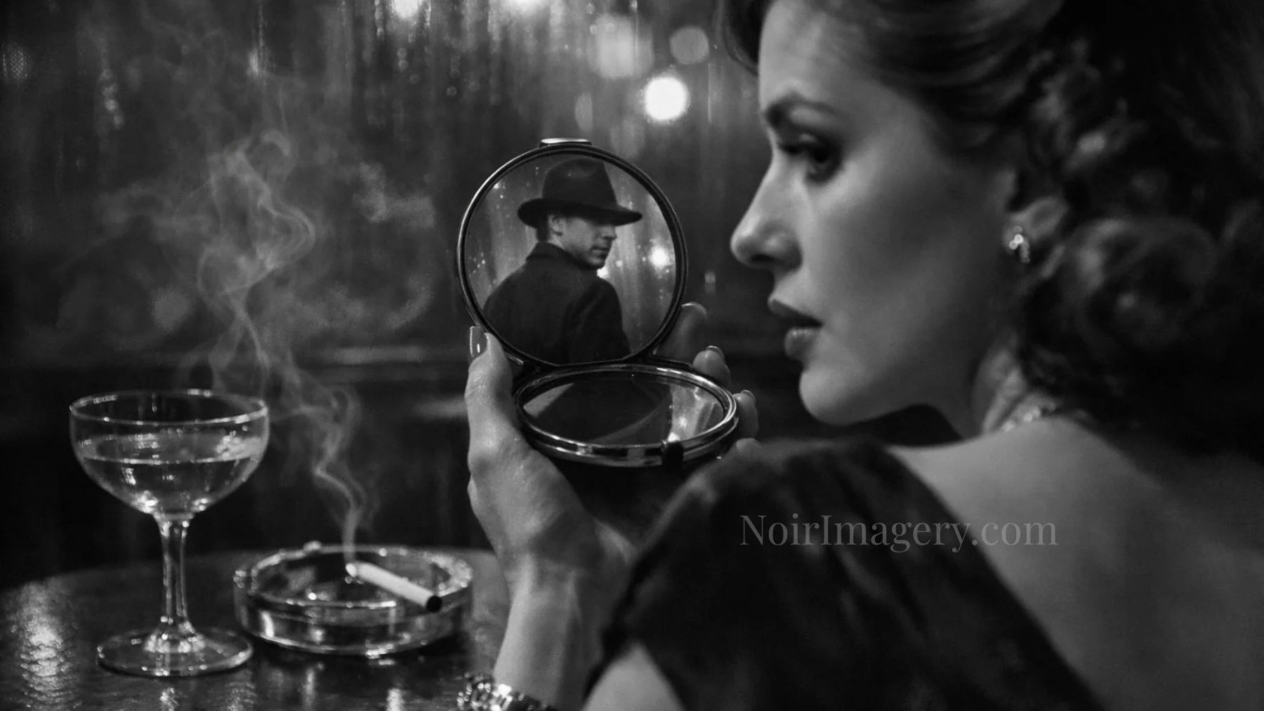 Woman holding a compact mirror while a mysterious man in a fedora appears in the reflection beside cigarette smoke and rain-soaked city lights.