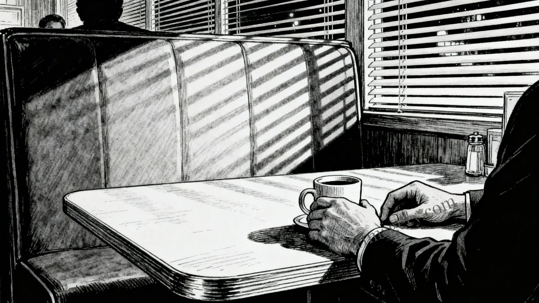 Hands on coffee that is still warm at a diner table.