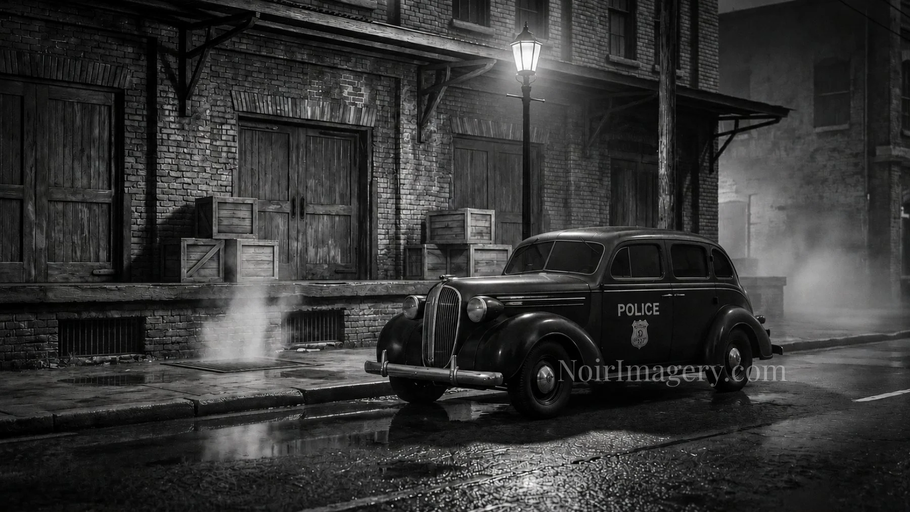 Vintage police car parked outside a brick warehouse at night with wet pavement, steam rising from a storm drain, and a glowing streetlamp in a noir setting.