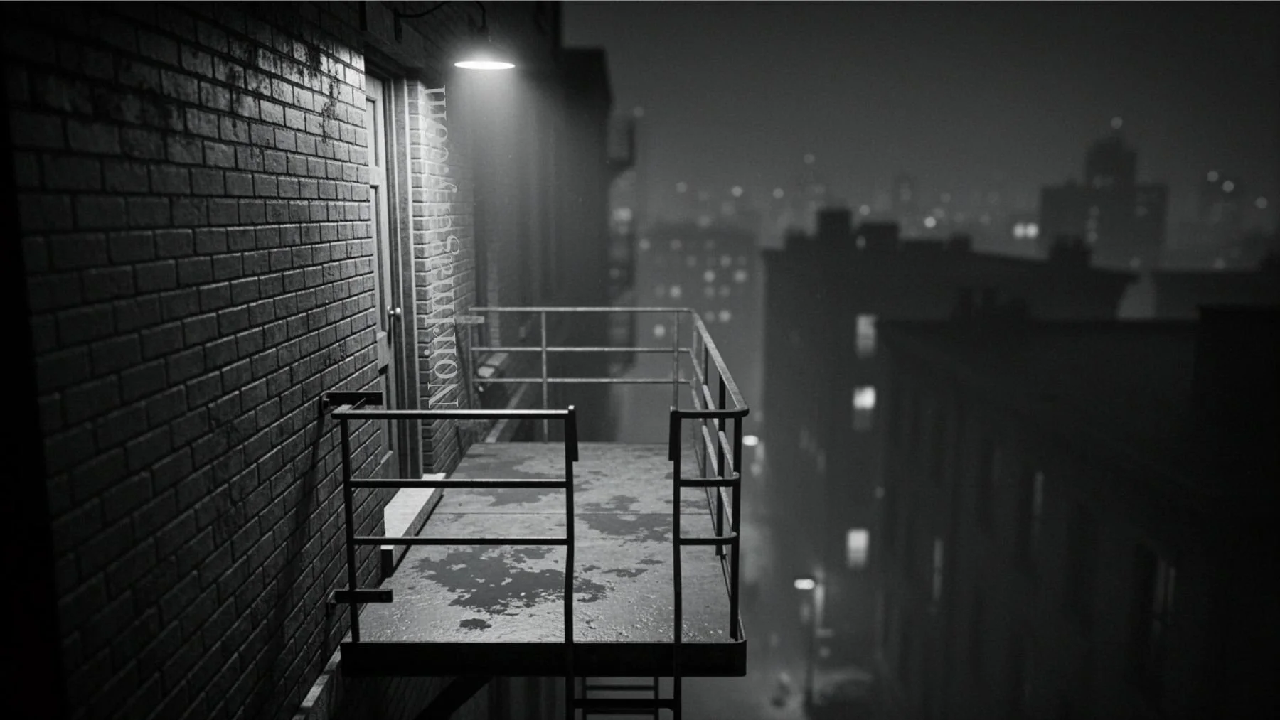 Fire escape landing with a door behind you.