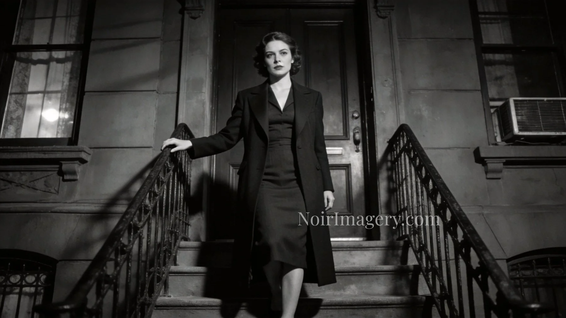 Cold, composed woman in a dark coat descending the front steps of an apartment building at night in a noir scene.