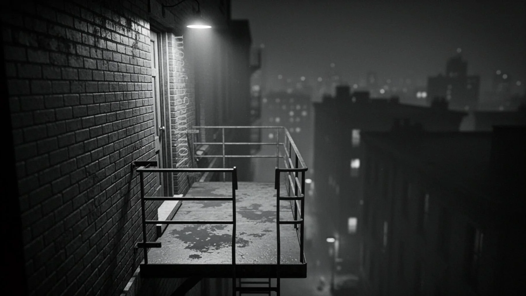 Fire escape landing with a door behind you.