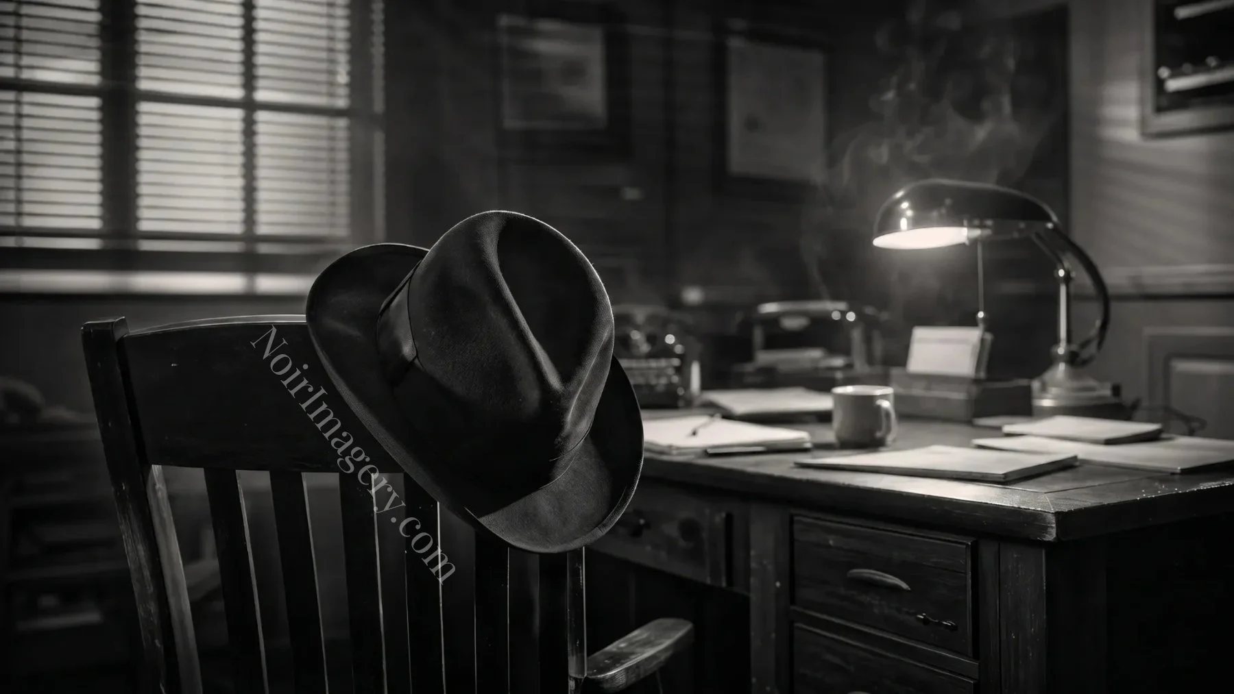 Classic black felt fedora resting on the back of a wooden office chair inside a vintage detective office with warm desk lamp and cinematic noir atmosphere.