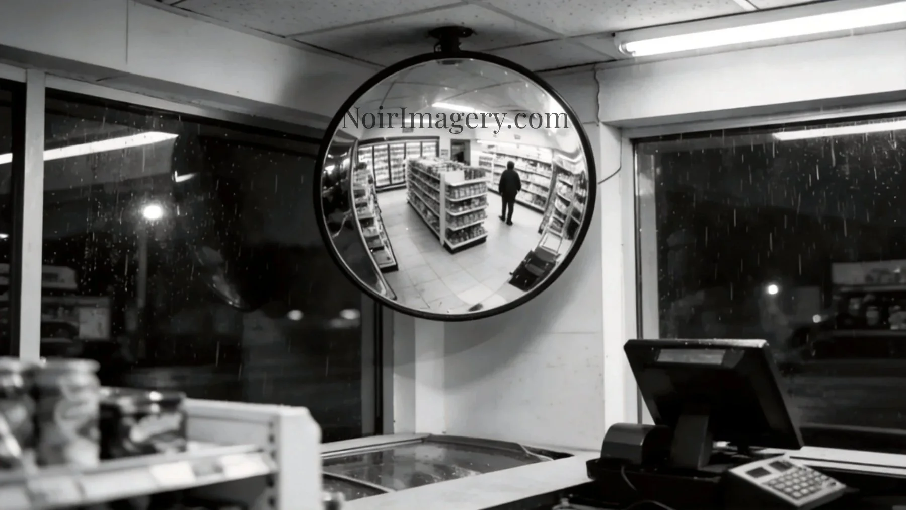 A customer is visible in a convex security mirror inside a convenience store at night.