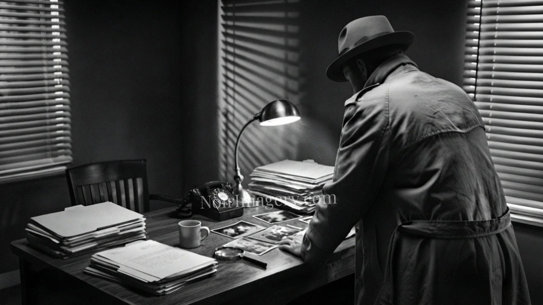Detective reviewing photographs and case files beneath a desk lamp during a noir criminal investigation.