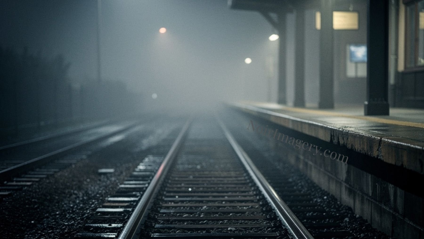 Train tracks fading into dense fog beside an empty platform at night