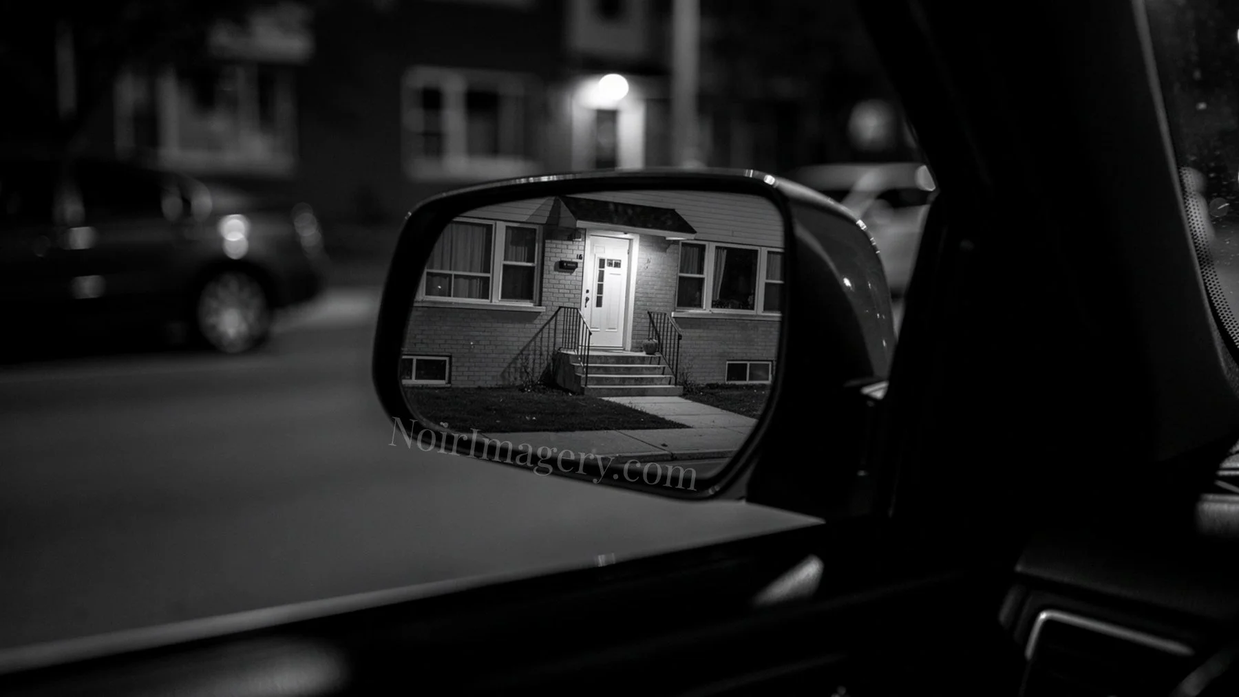 Black-and-white noir image of an apartment building reflected in a driver's side mirror during surveillance.
