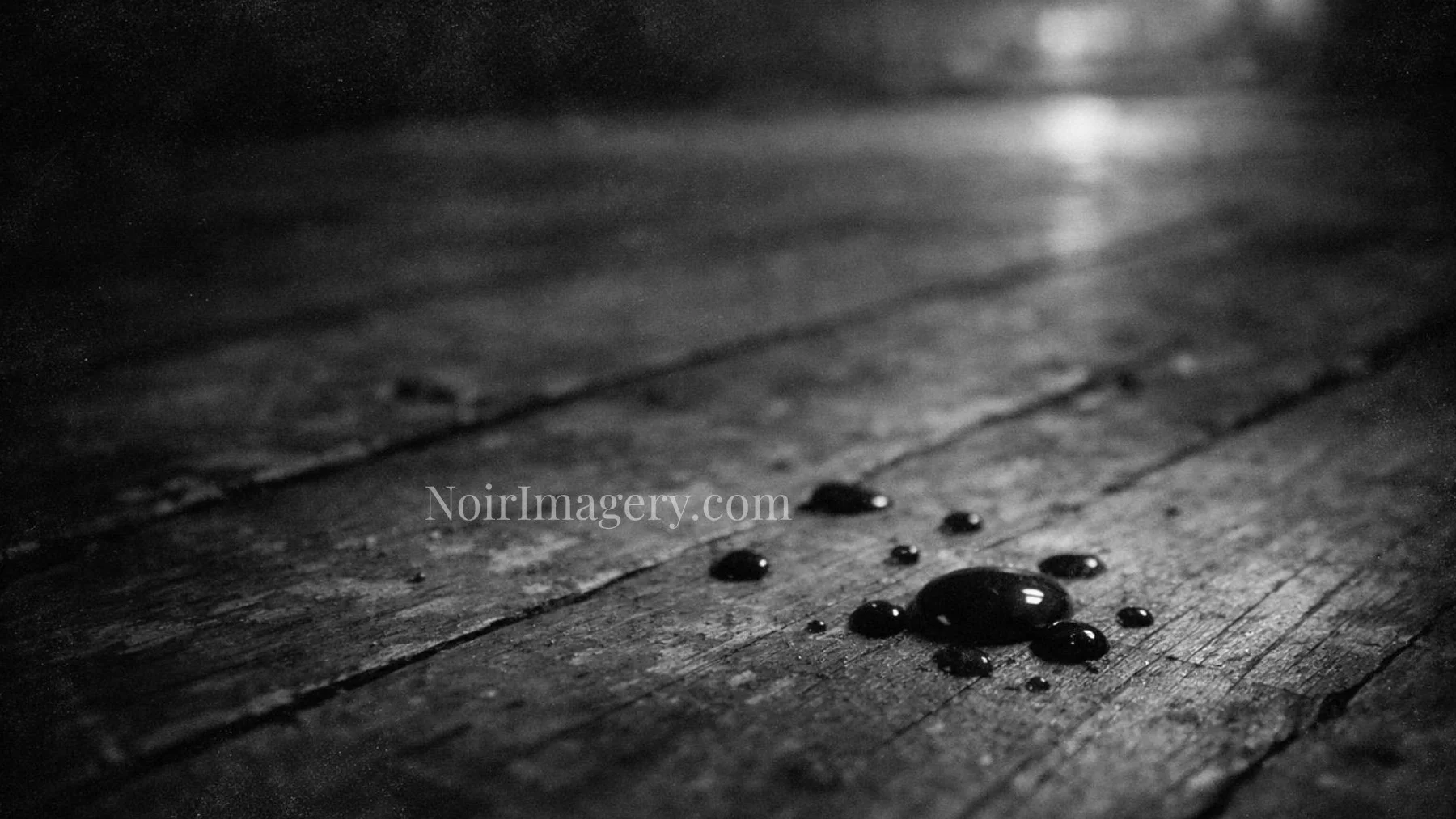 Black and white noir image of blood drops scattered across a wooden floor.