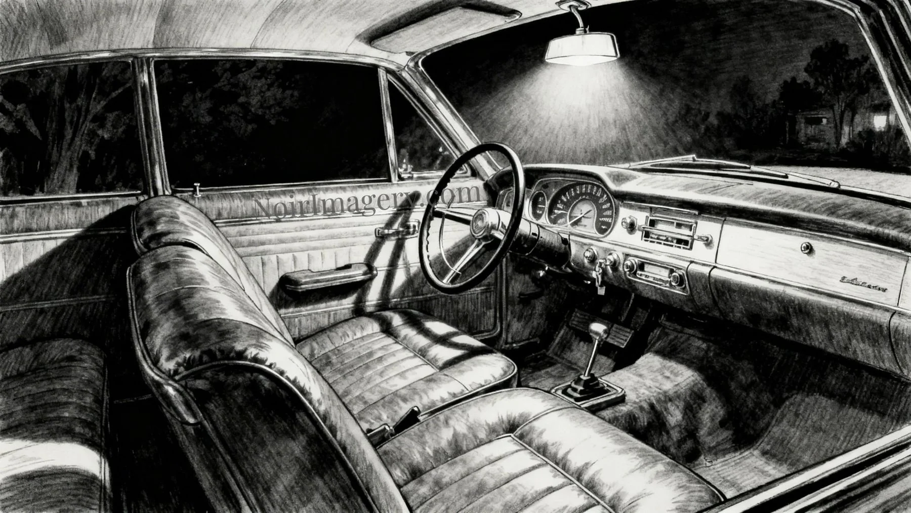 The interior of an empty car showing empty front seat and steering wheel.