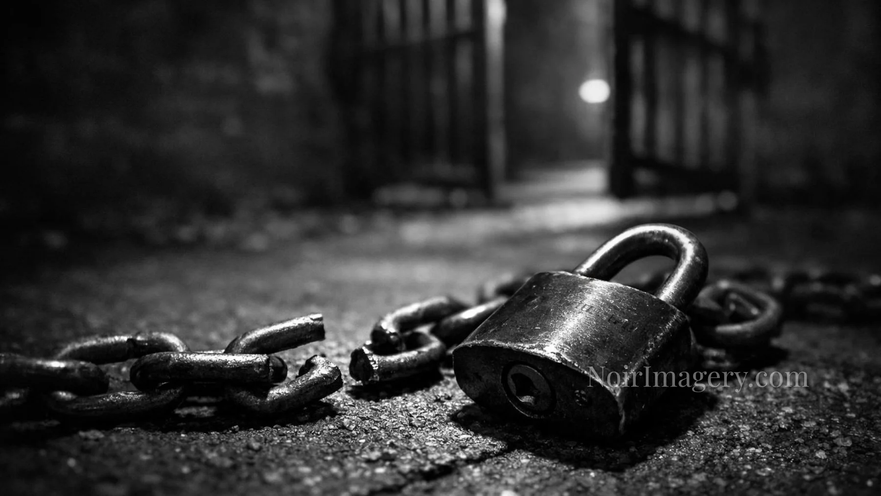 Black-and-white image of a broken padlock and severed chain lying on wet ground near an open gate.