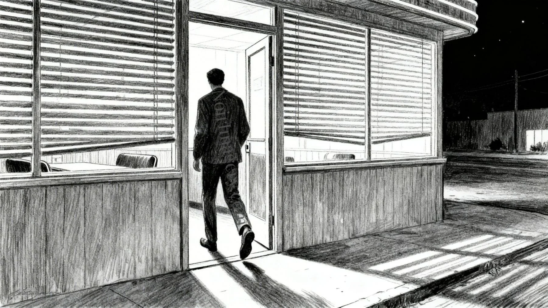Lone man walking into diner at night.