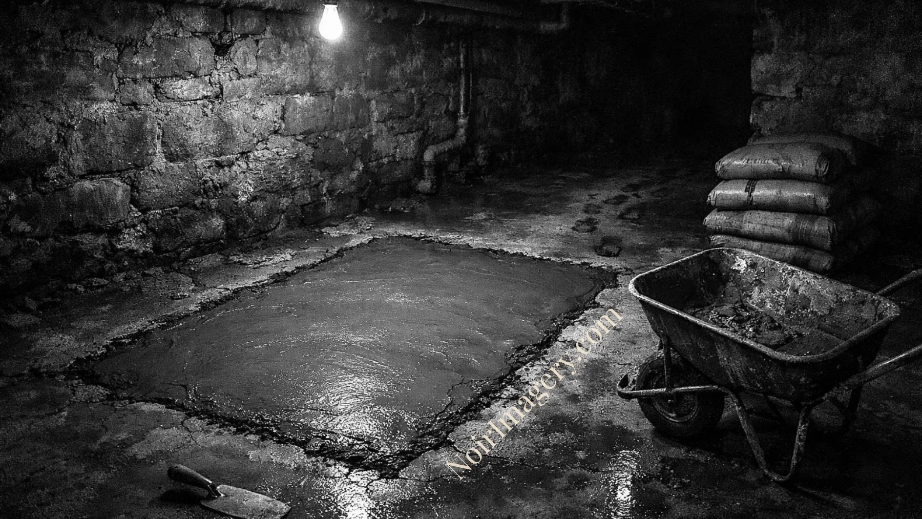 Dark black-and-white image of fresh concrete poured across a basement floor beside a rusted wheelbarrow and footprints.