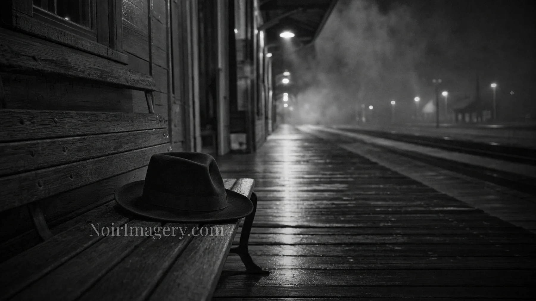 Classic black felt fedora resting on a weathered wooden bench at a quiet vintage railway depot platform at night with drifting steam and soft noir lighting.
