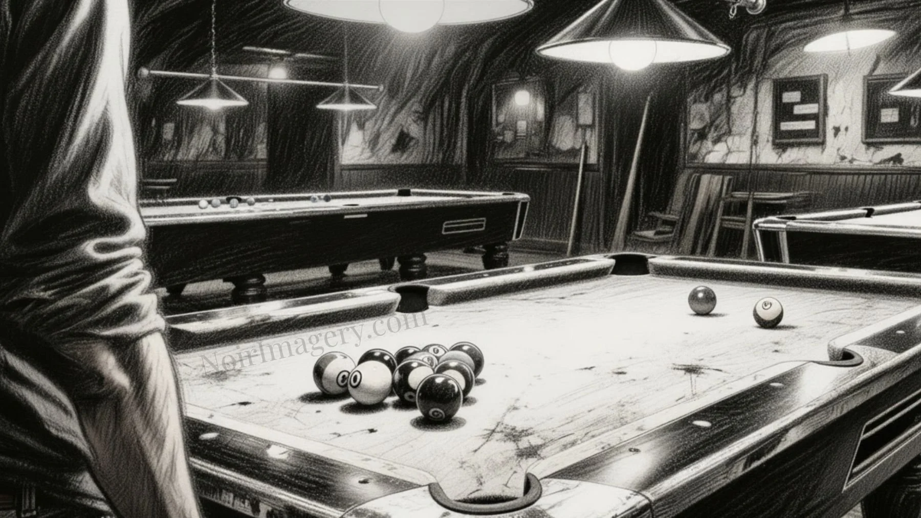 Noir pool hall scene with a player standing beside a billiard table, watching the layout under dim hanging lights.