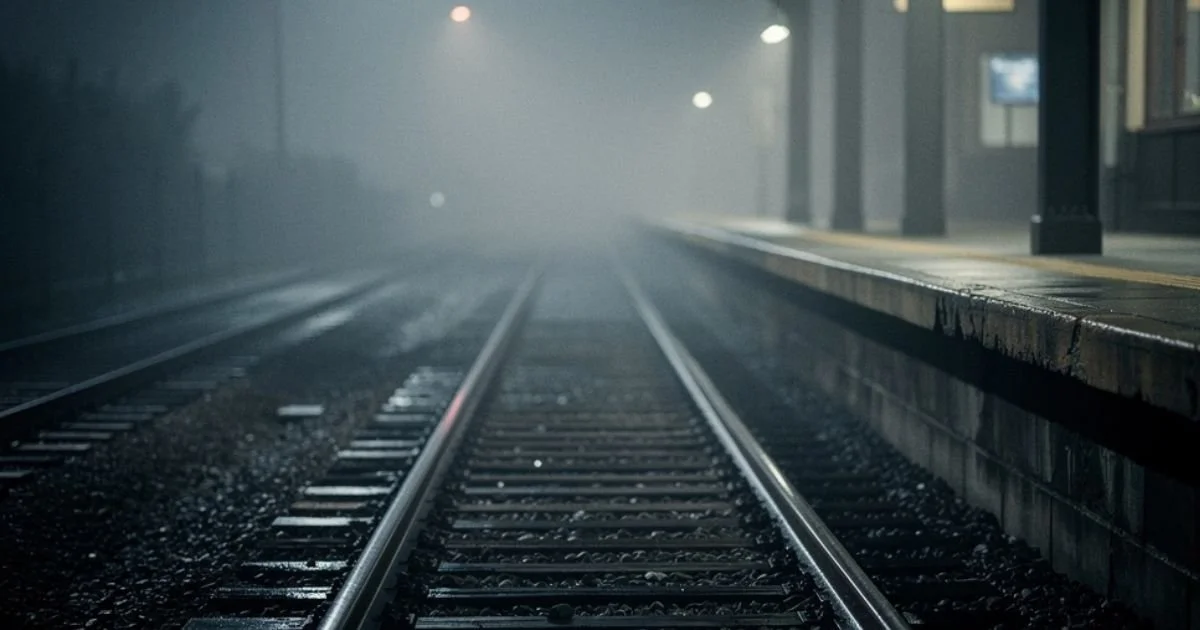 Train tracks fading into dense fog beside an empty platform at night