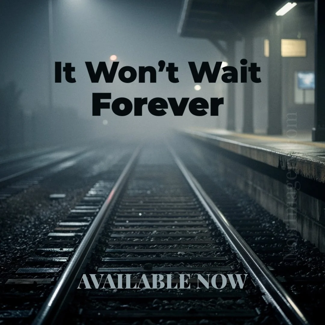 Atmospheric noir promotional square featuring foggy train tracks and the phrase “It Won’t Wait Forever.”