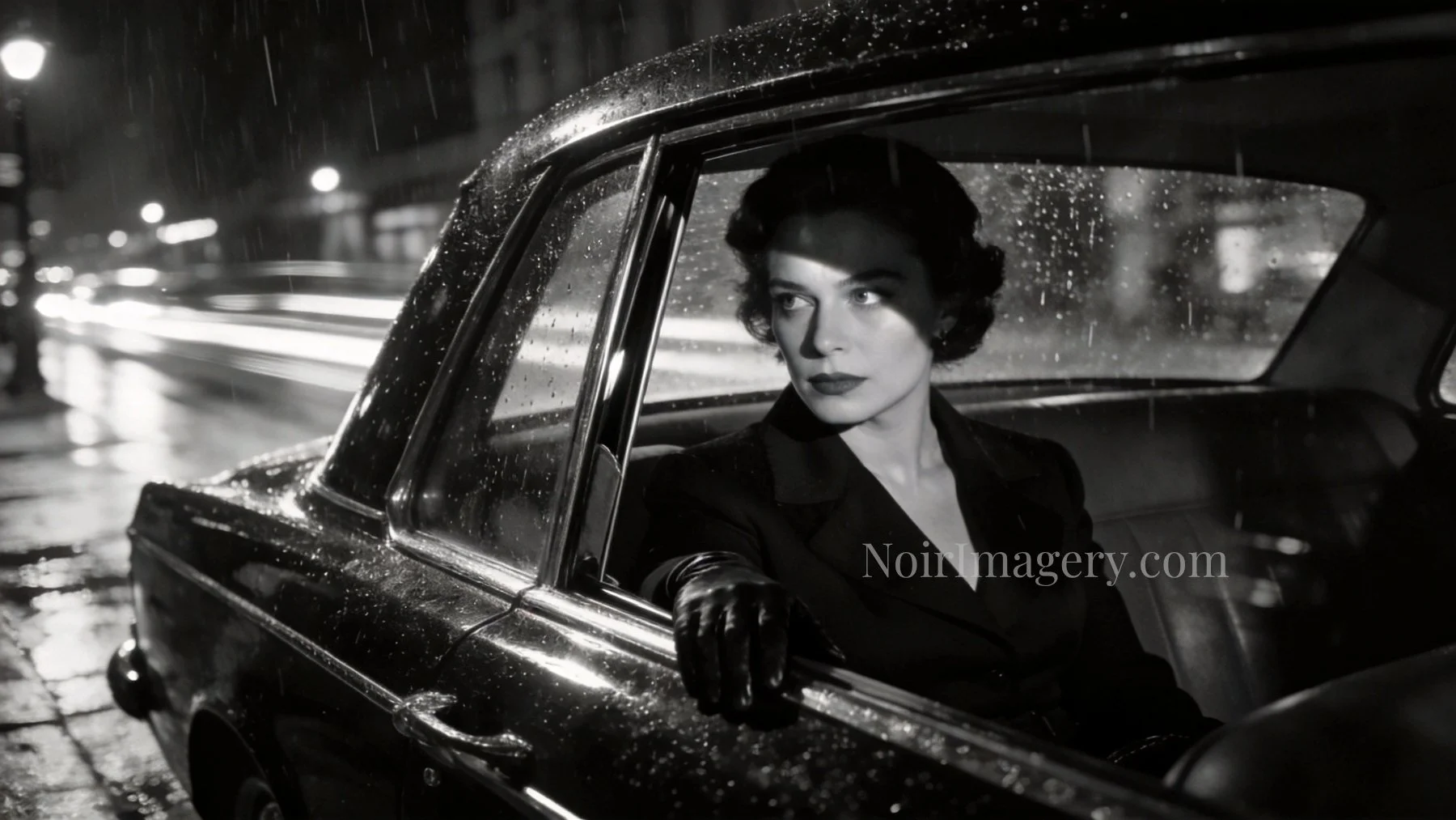 Elegant woman seated in the backseat of a vintage car watching the street at night in a noir surveillance scene.