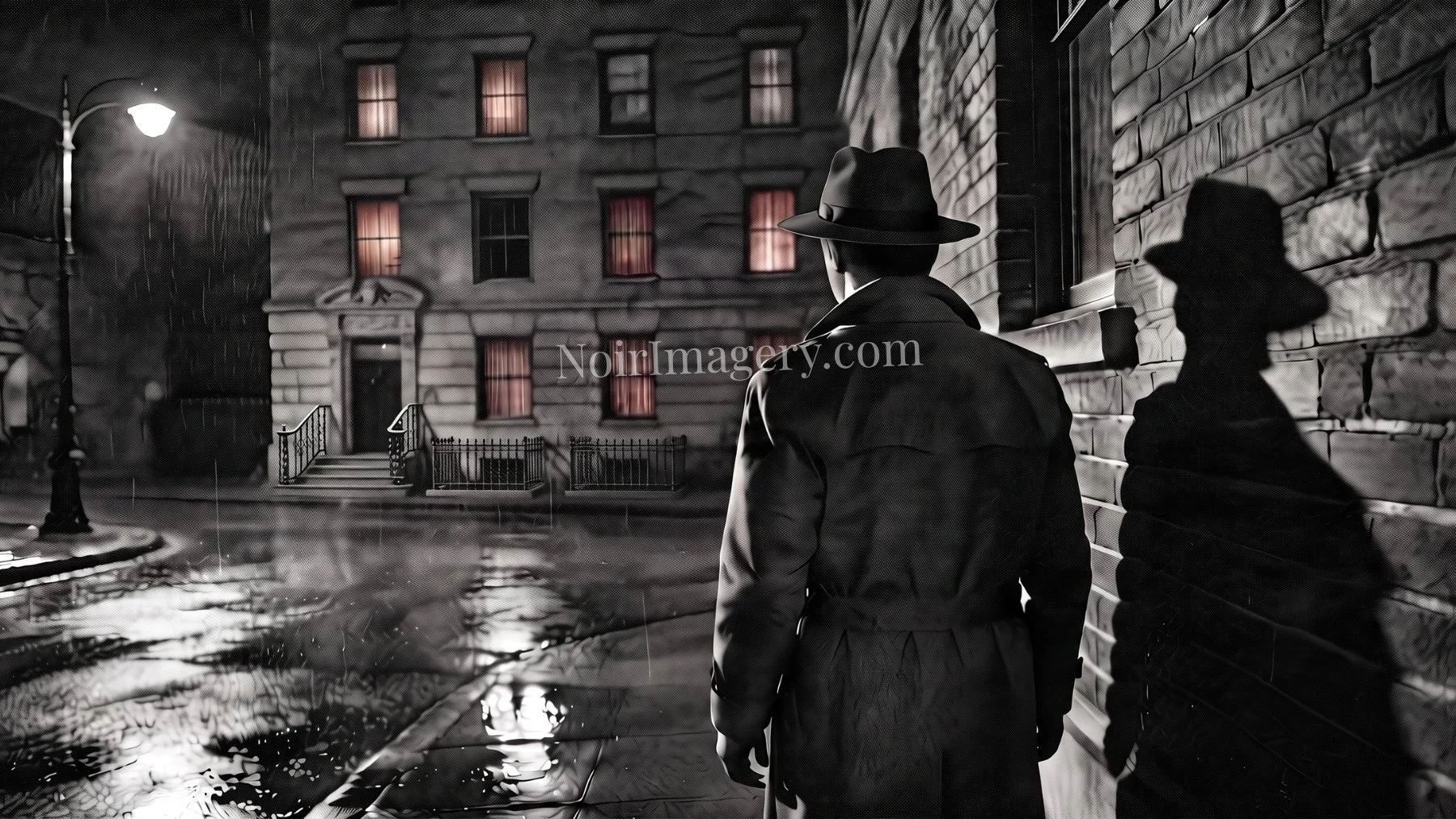 Detective standing in the shadows while watching a city building during a nighttime noir surveillance investigation.