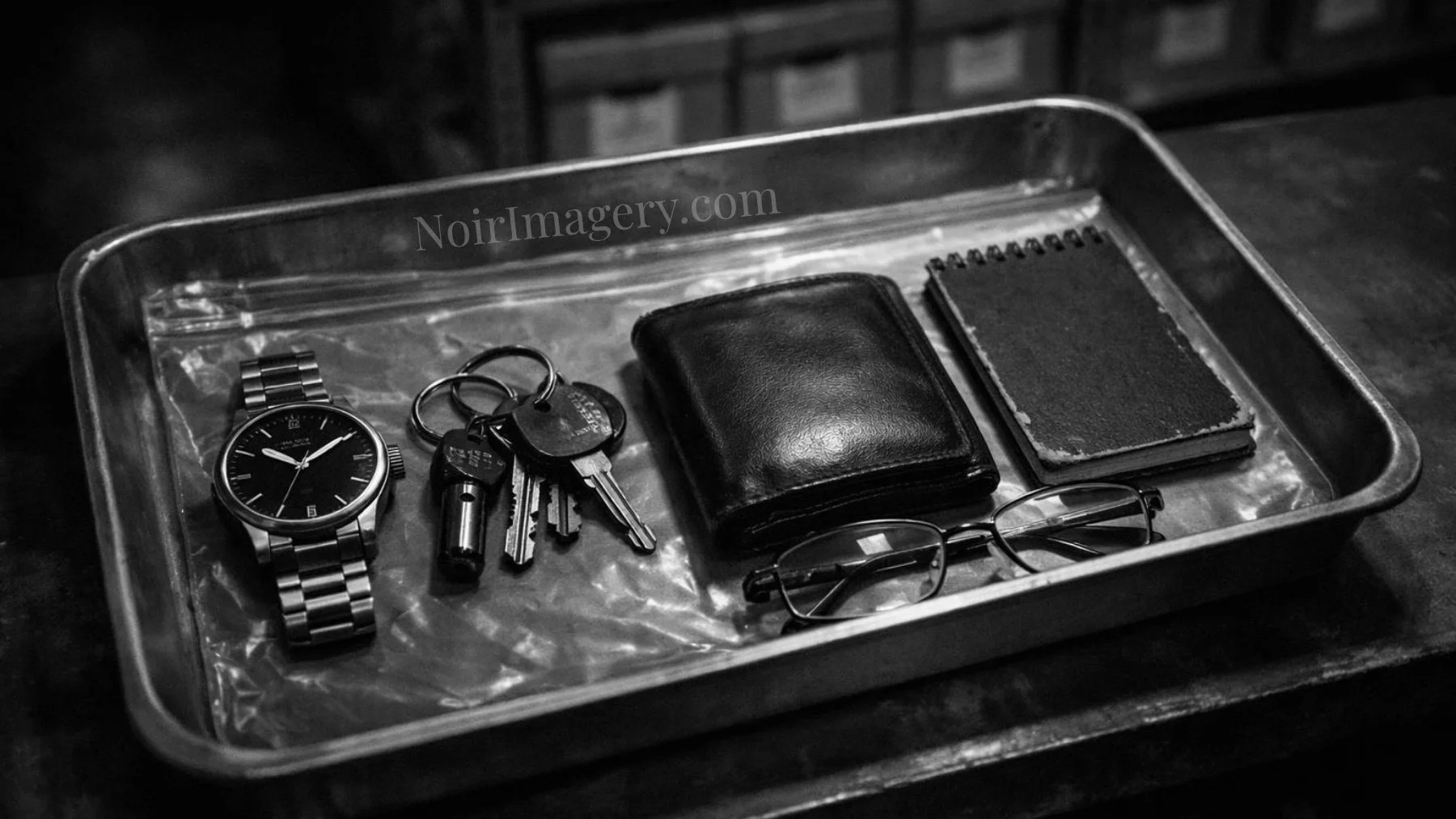 Personal belongings arranged in an evidence tray including keys, wallet, watch, glasses, and notebook.