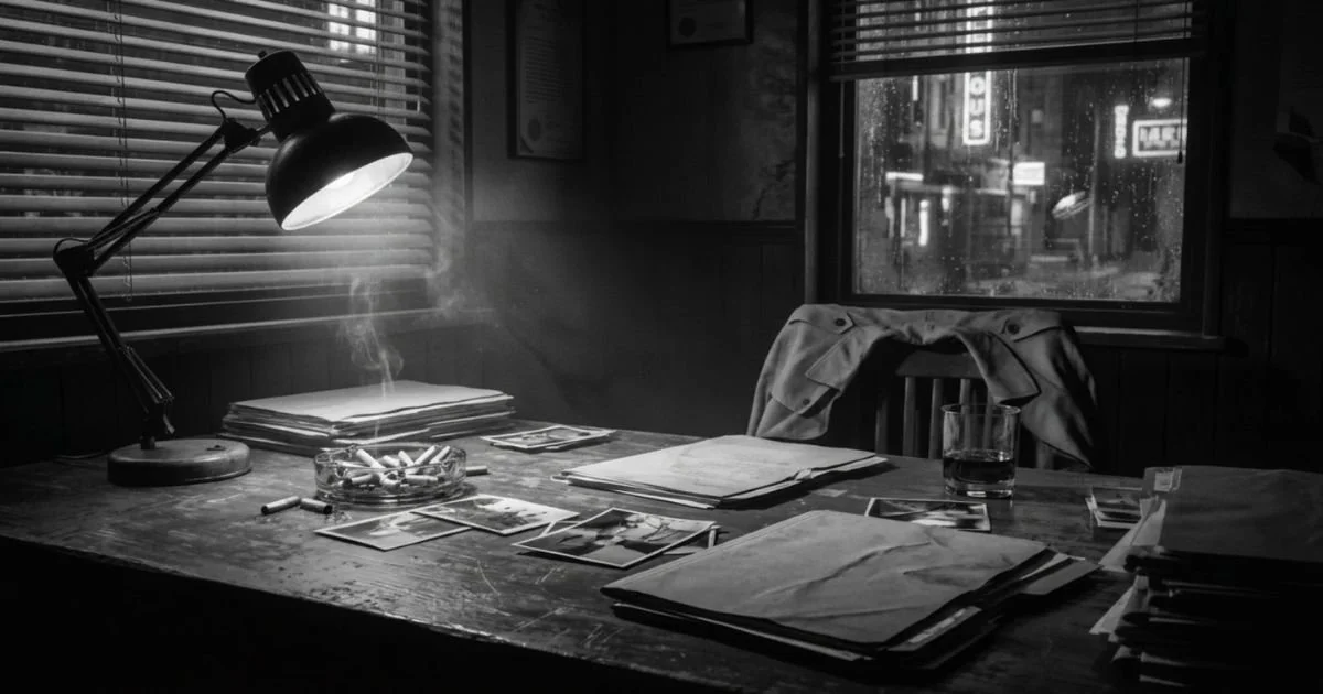 Noir detective desk with scattered papers and venetian blind shadows, suggesting ongoing investigation