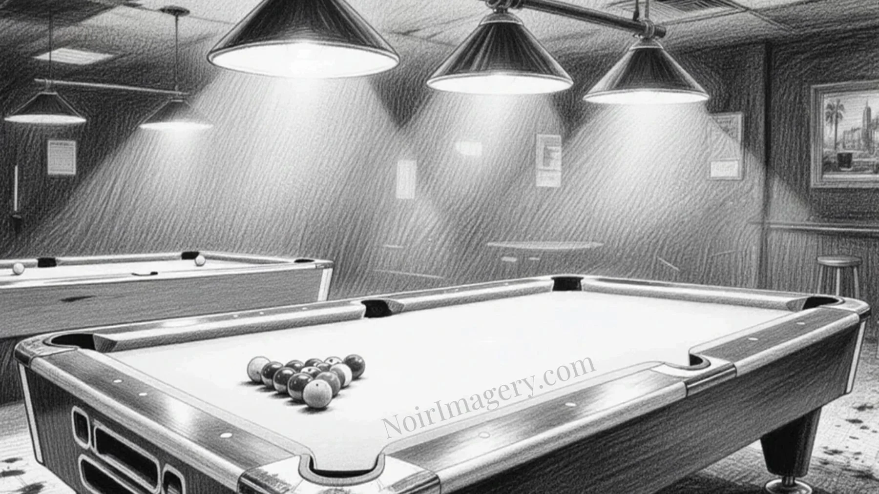 Racked billiard balls on a pool table under hanging lights in a black-and-white noir pool hall.