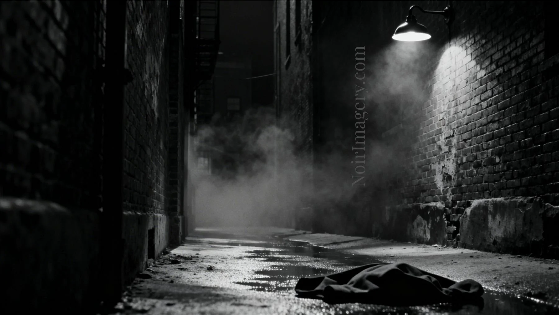 A mysterious coat lies on the ground in a smokey alley.