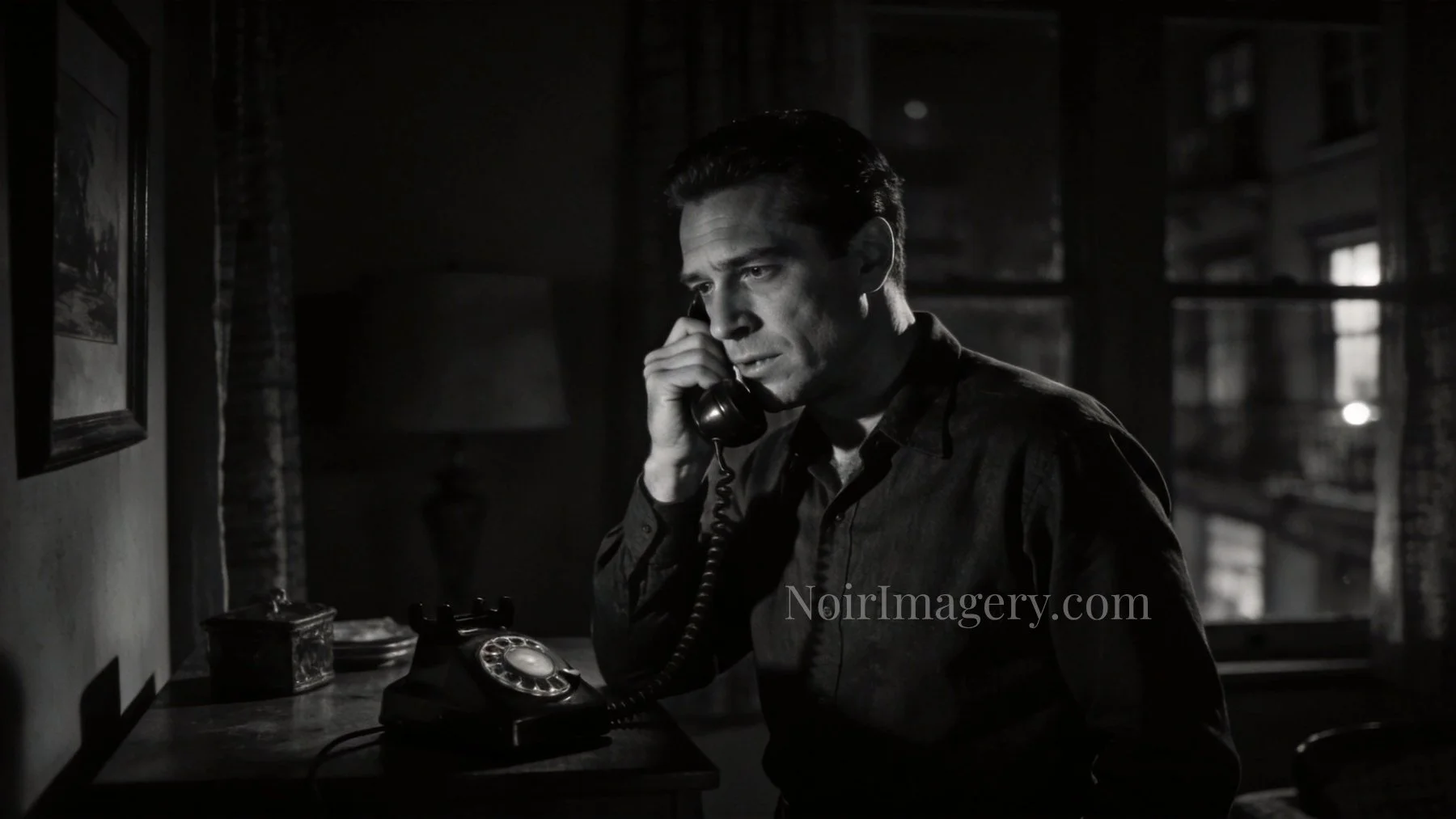 Man in a dark office speaking on a rotary telephone late at night, illuminated by window light in a black-and-white noir setting.