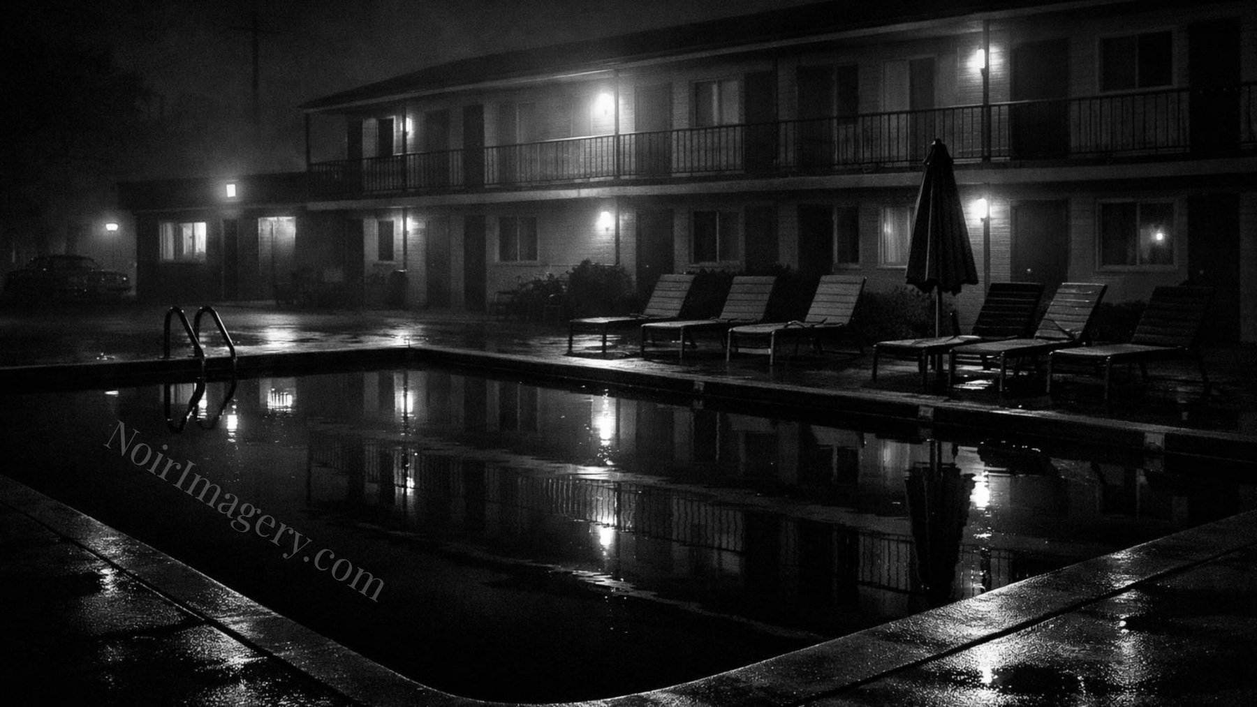 Black-and-white image of a motel swimming pool at night with reflections on the water and lit motel rooms in the background.