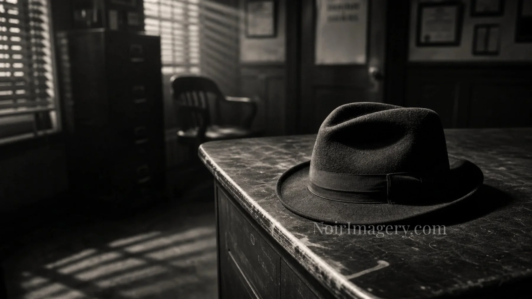 Classic black felt fedora resting on the corner of a wooden detective's desk inside a vintage private investigator's office with venetian blinds and soft noir lighting.